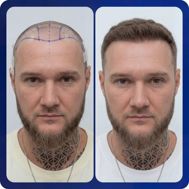 FUE hair transplant before and after result - 3,500 grafts - 12 months post-op